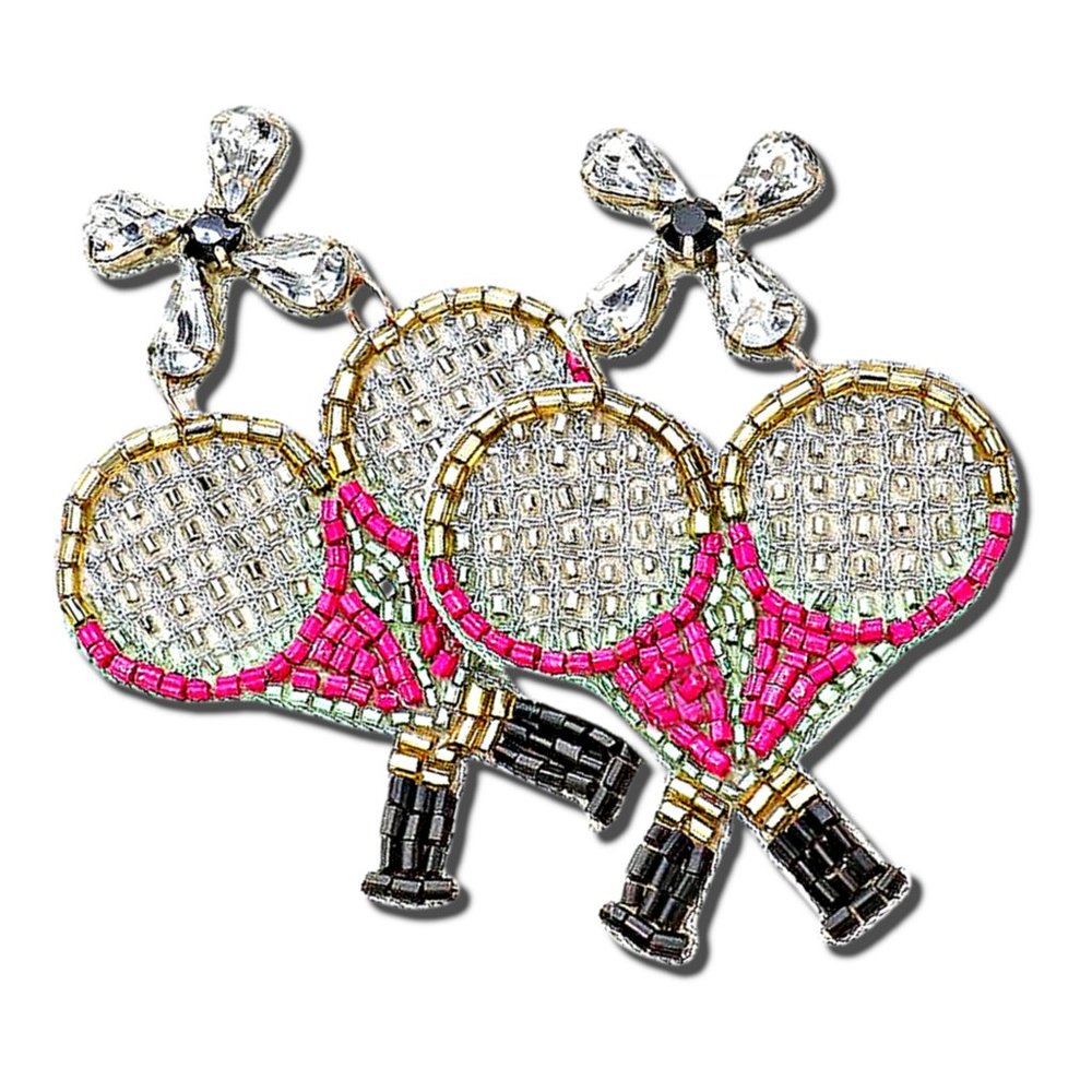 Gorgeous TENNIS Theme Crystal & Seed Beaded Pink Racket Earrings NEW